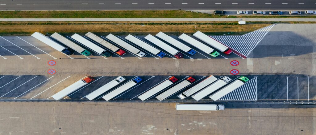 Overhead picture of trucks parked associated with blog on truck accidents driving time