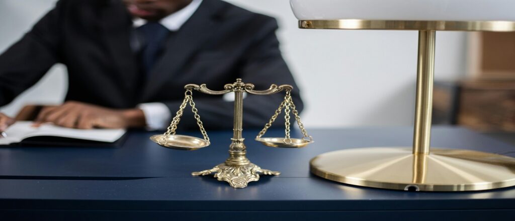 Picture of scales of justice on lawyer's desk associated with blog on legal malpractice who to sue