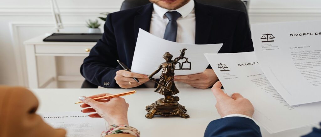 Picture attorneys at a desk with scale of justice associated with blog on hearsay rule auto accidents