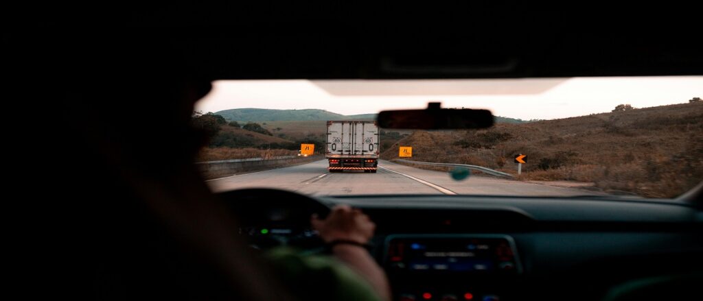 Picture from trucker's cab looking at another truck associated with blog on truck accident investigation